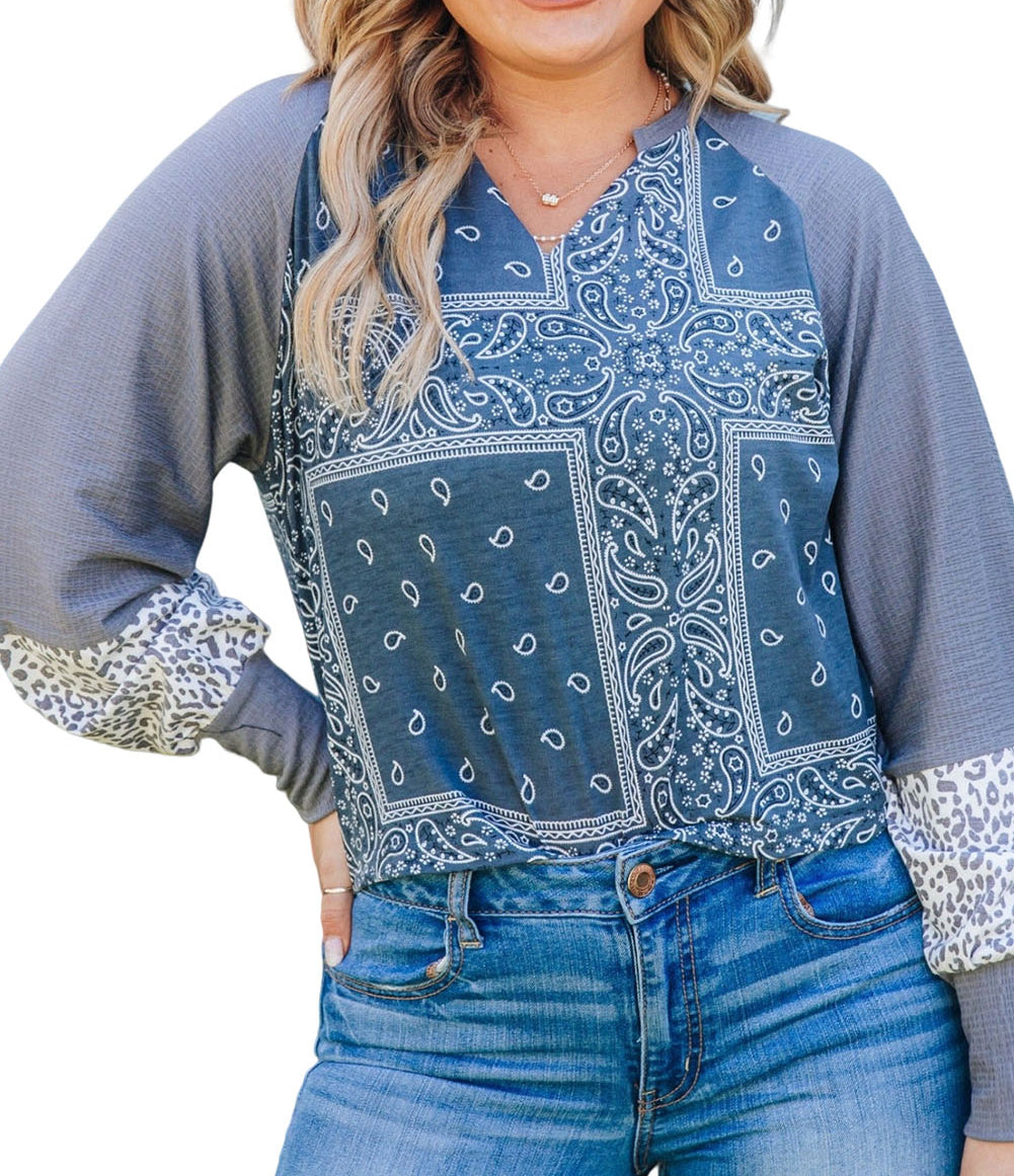 Leopard Paisley Patchwork Split Neck Plus Size Top