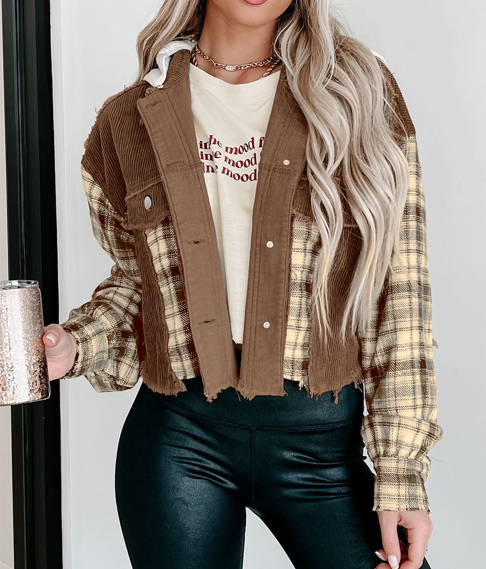 Plaid Patchwork Distressed Hooded Cropped Jacket
