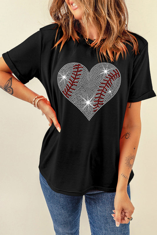 Rhinestone Baseball Heart Shape Graphic Casual T Shirt