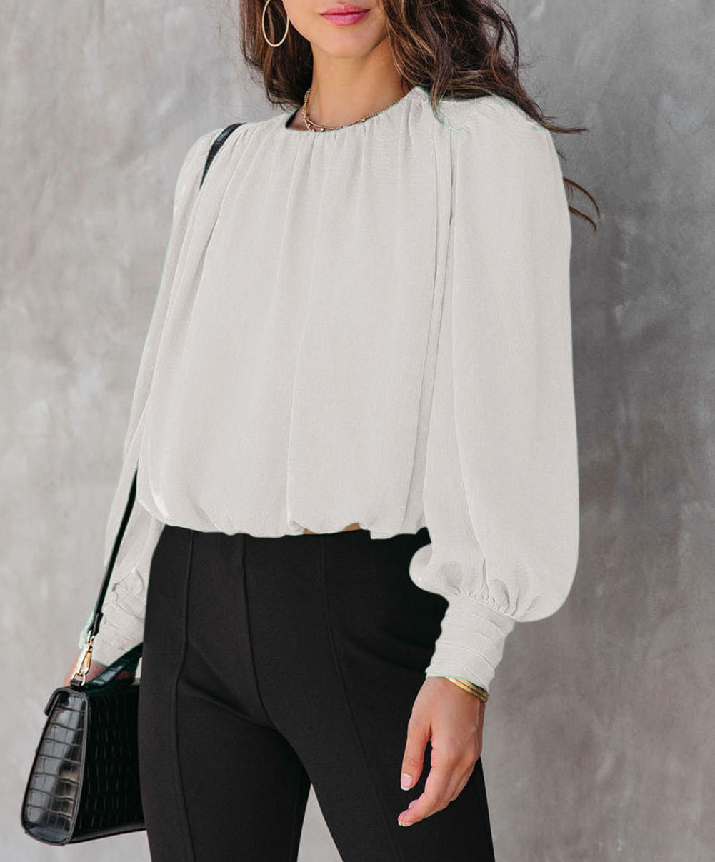 Padded Shoulder Buttoned Cuffs Pleated Loose Blouse