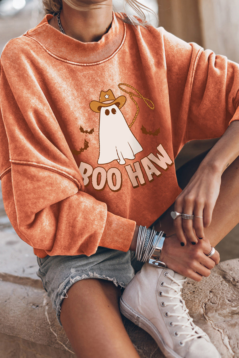 BOO HAW Ghost Halloween Print Drop Sleeve Sweatshirt