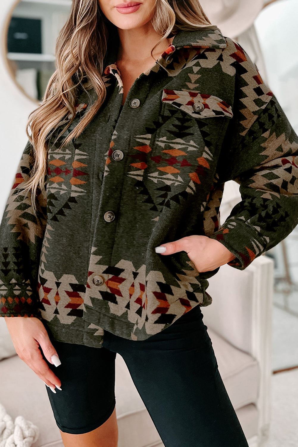 Aztec Print Flap Pockets Long Sleeve Shacket