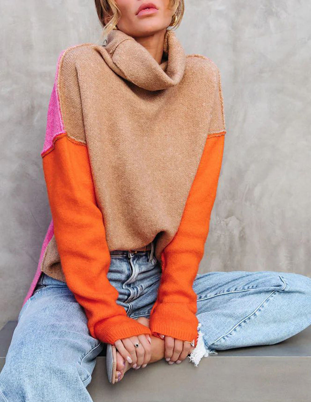 Color Block Turtle Neck Drop Shoulder Knit Sweater
