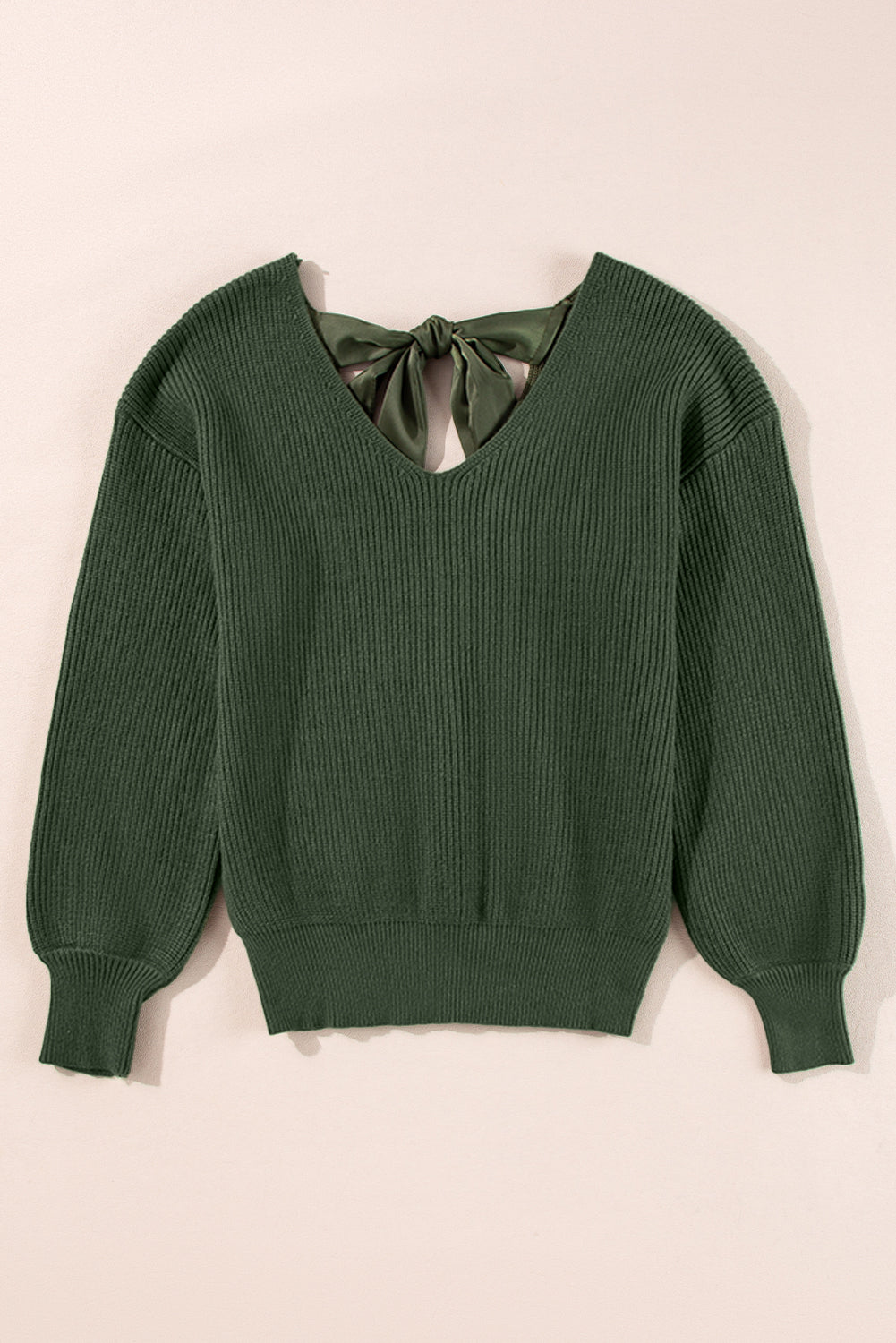 Lantern Sleeve V Neck Knot Back Sweater