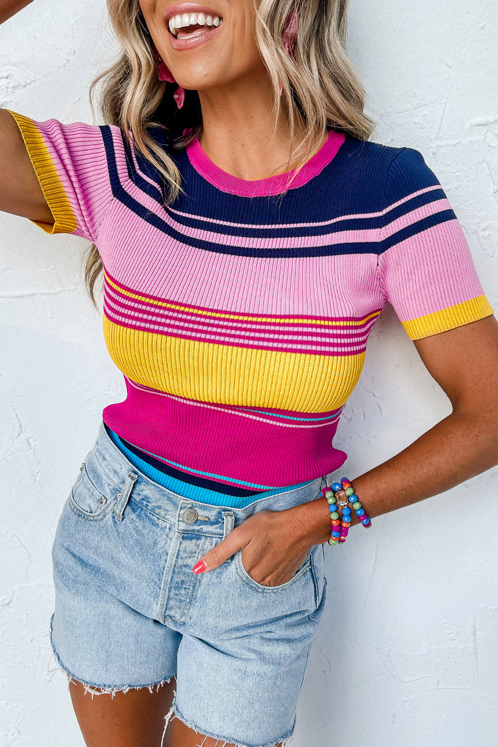 Mixed Stripes Ribbed Knit Top