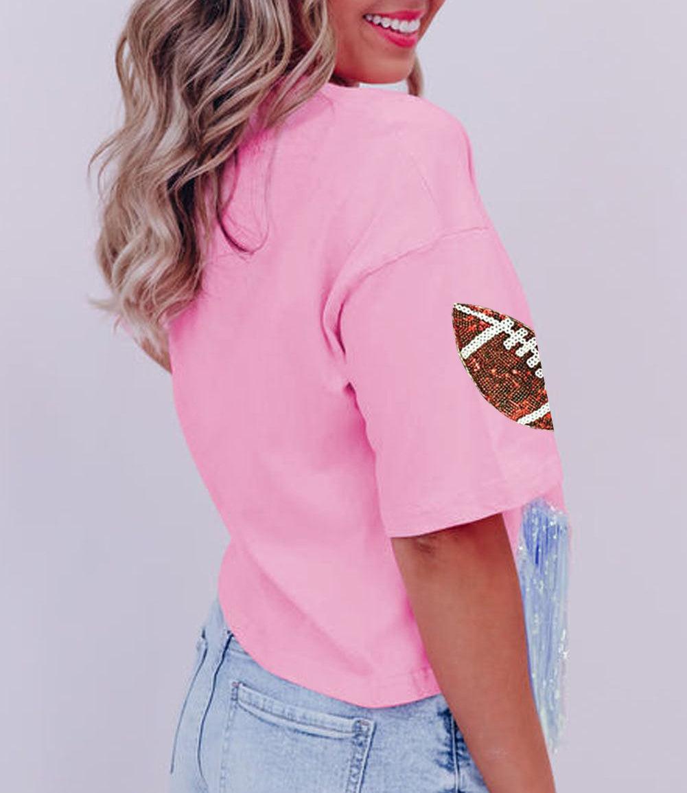Sequined Rugby Fringe Hem Cropped T Shirt