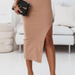 Khaki High Waist Split Knit Midi Skirt