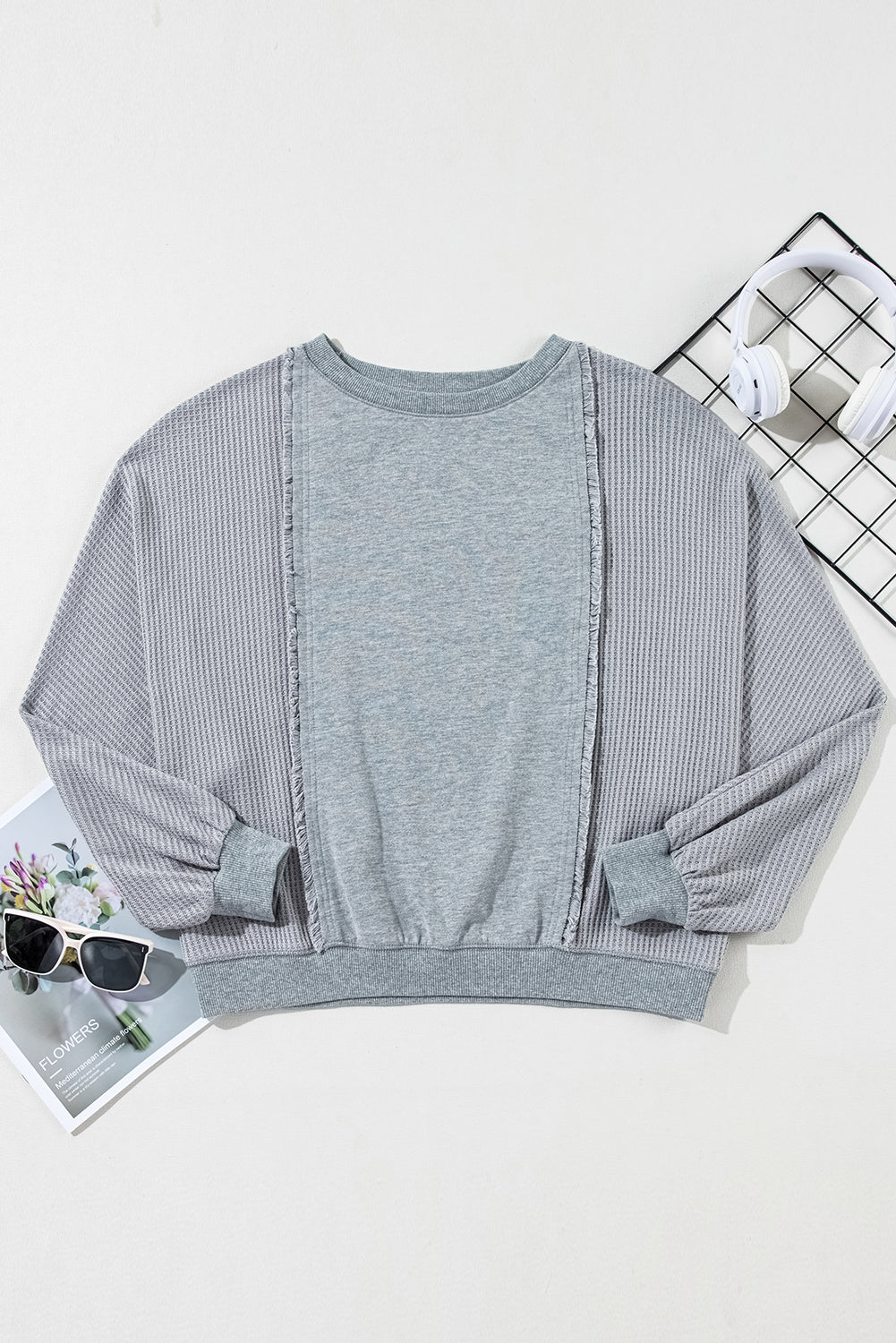 Waffle Patchwork Long Sleeve Raw Hem Pullover Top