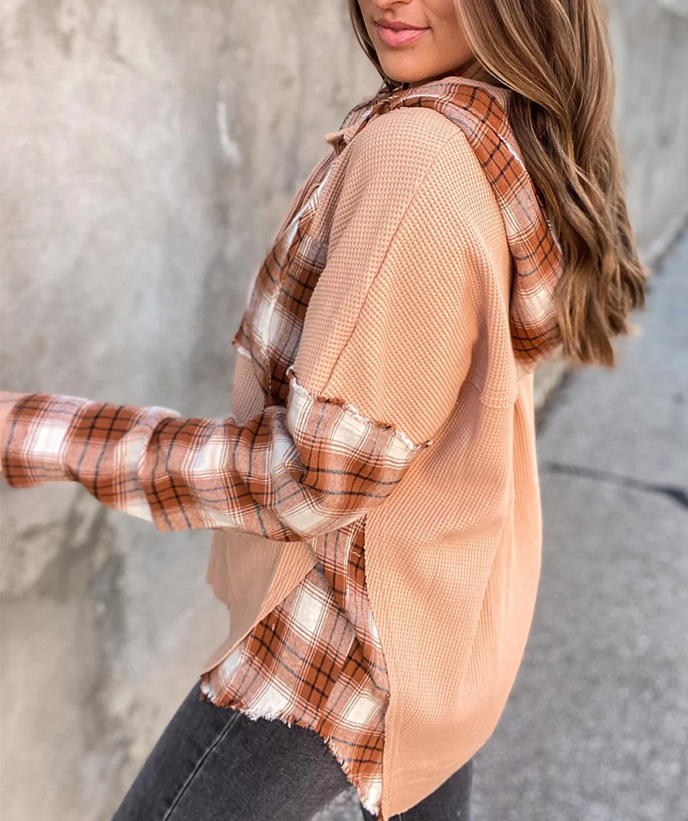 Waffle Knit Plaid Patchwork Hooded Shacket