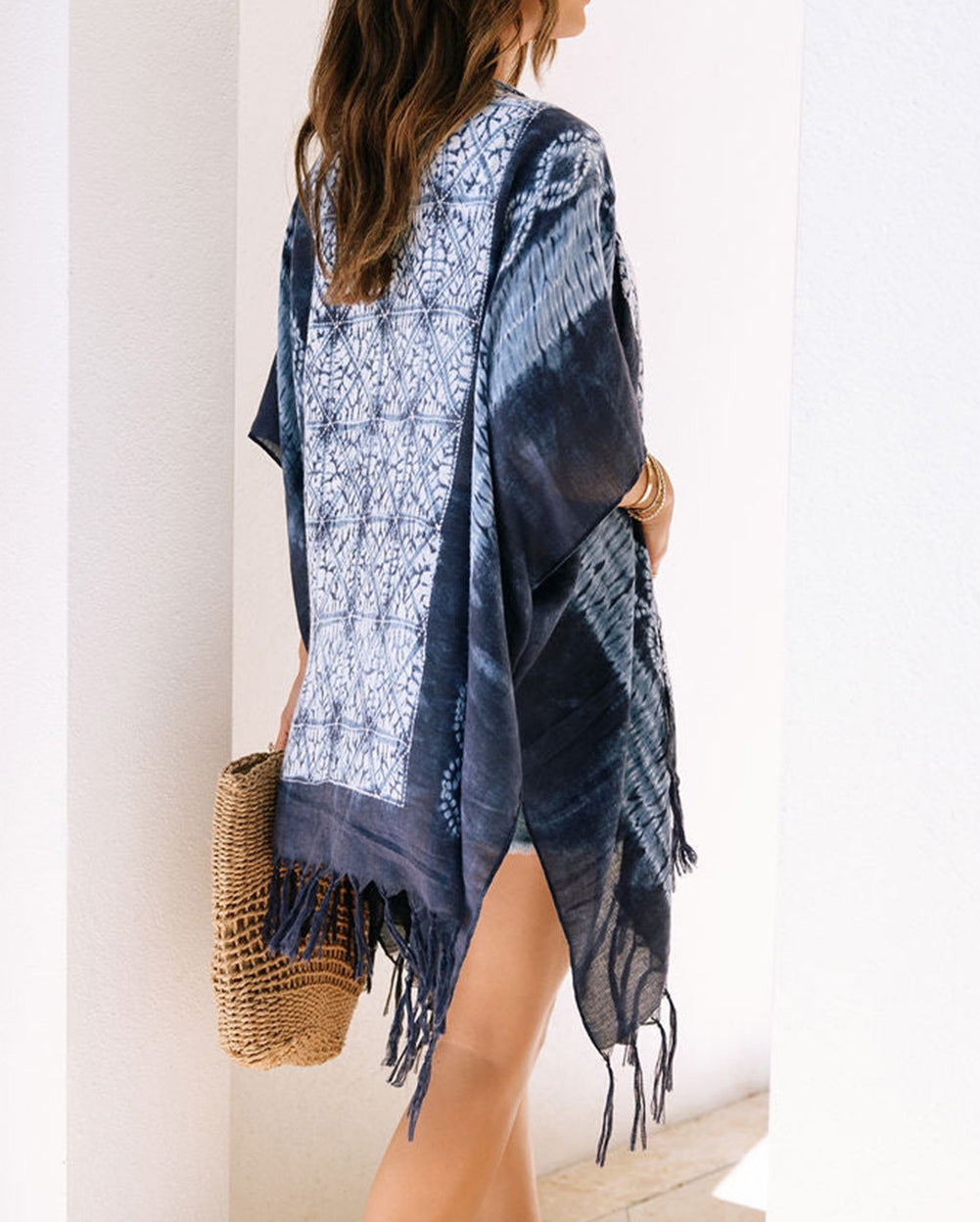 Blue Tie Dye Short Sleeves Tassels Kimono