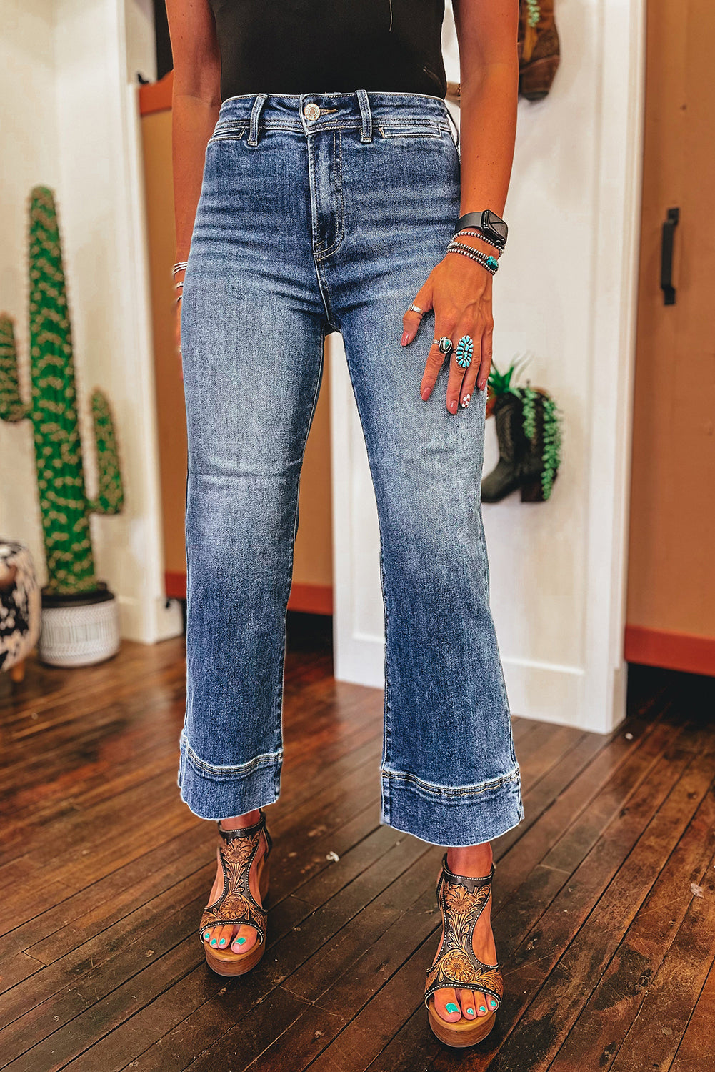 Mineral Wash High Waist Bell Bottom Crop Jeans