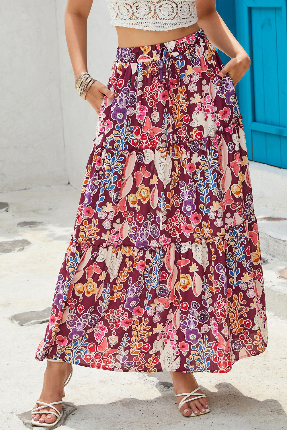 Boho Floral Print High Waist Maxi Skirt