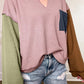 Colorblock Rib Textured Loose Long Sleeve Top