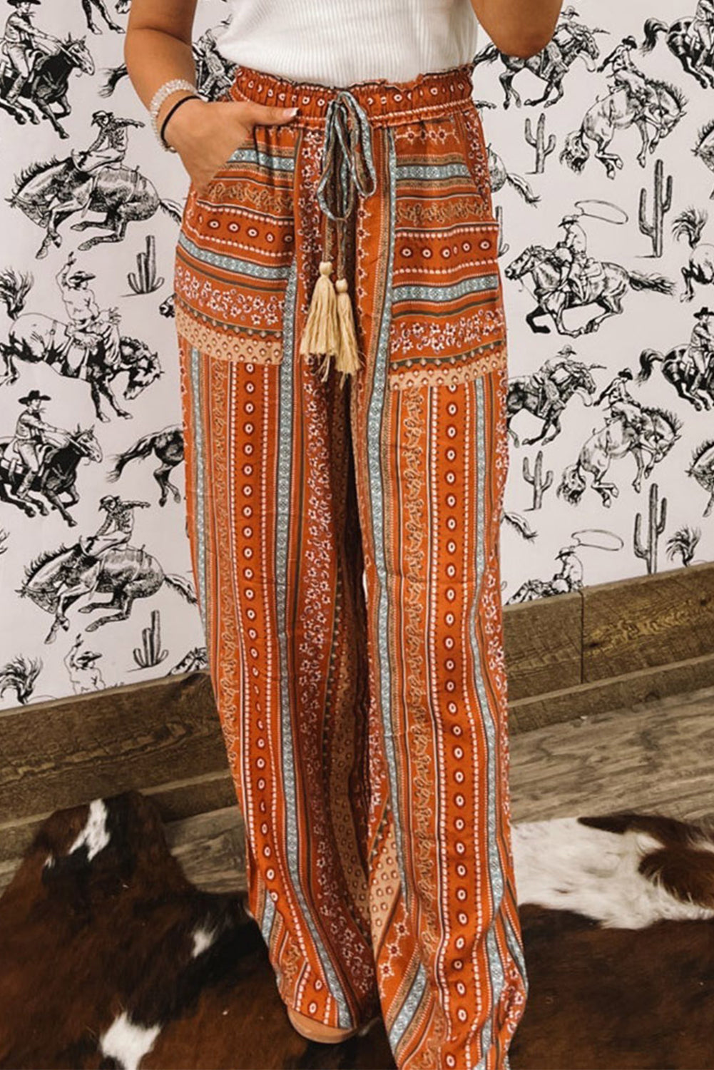 Boho Printed Tassel Drawstring Wide Leg Pants
