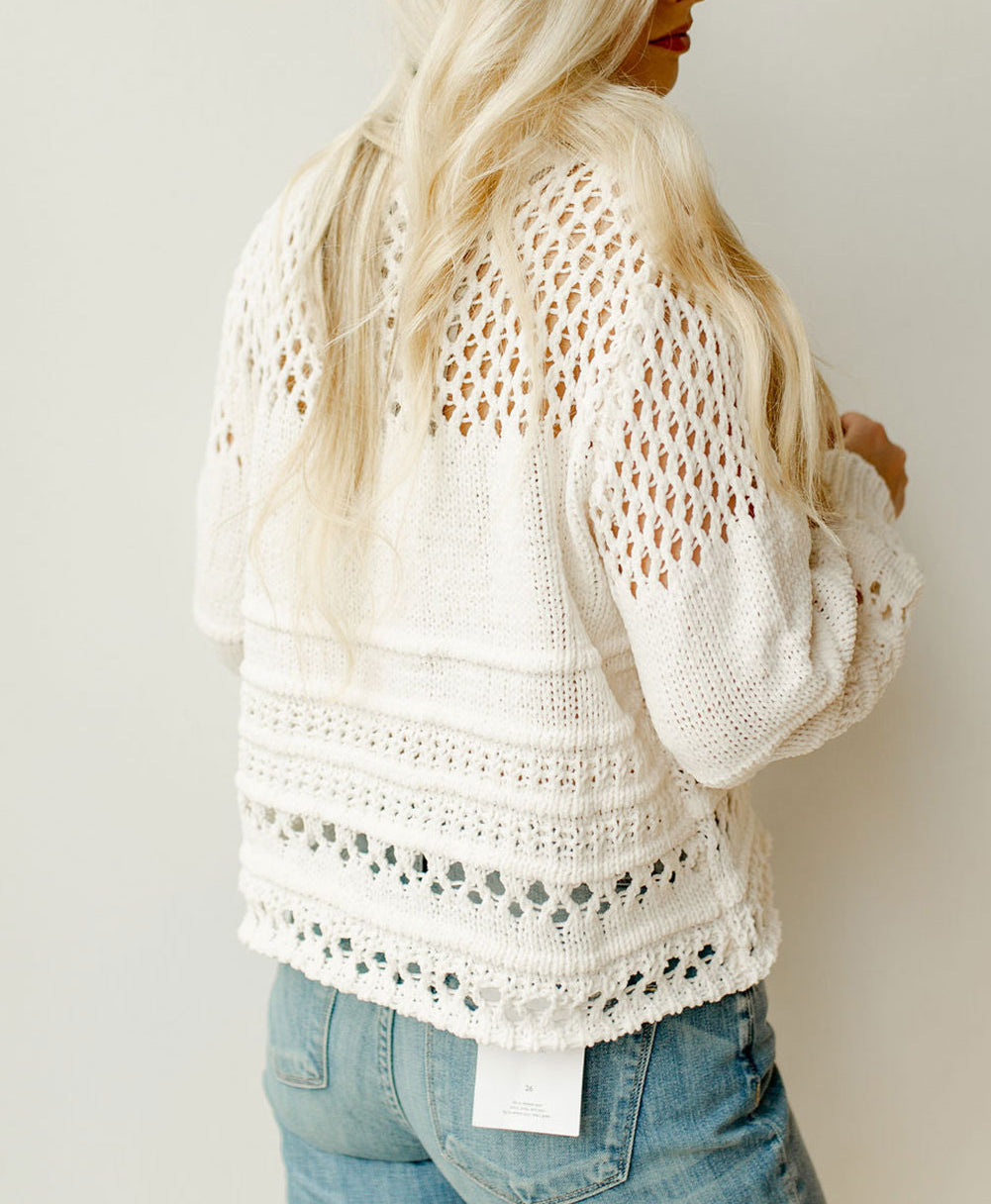 Solid Color Pointelle Knit Puff Sleeve Sweater