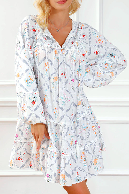 Tassel Tie Split Neck Boho Floral Ruffle Dress