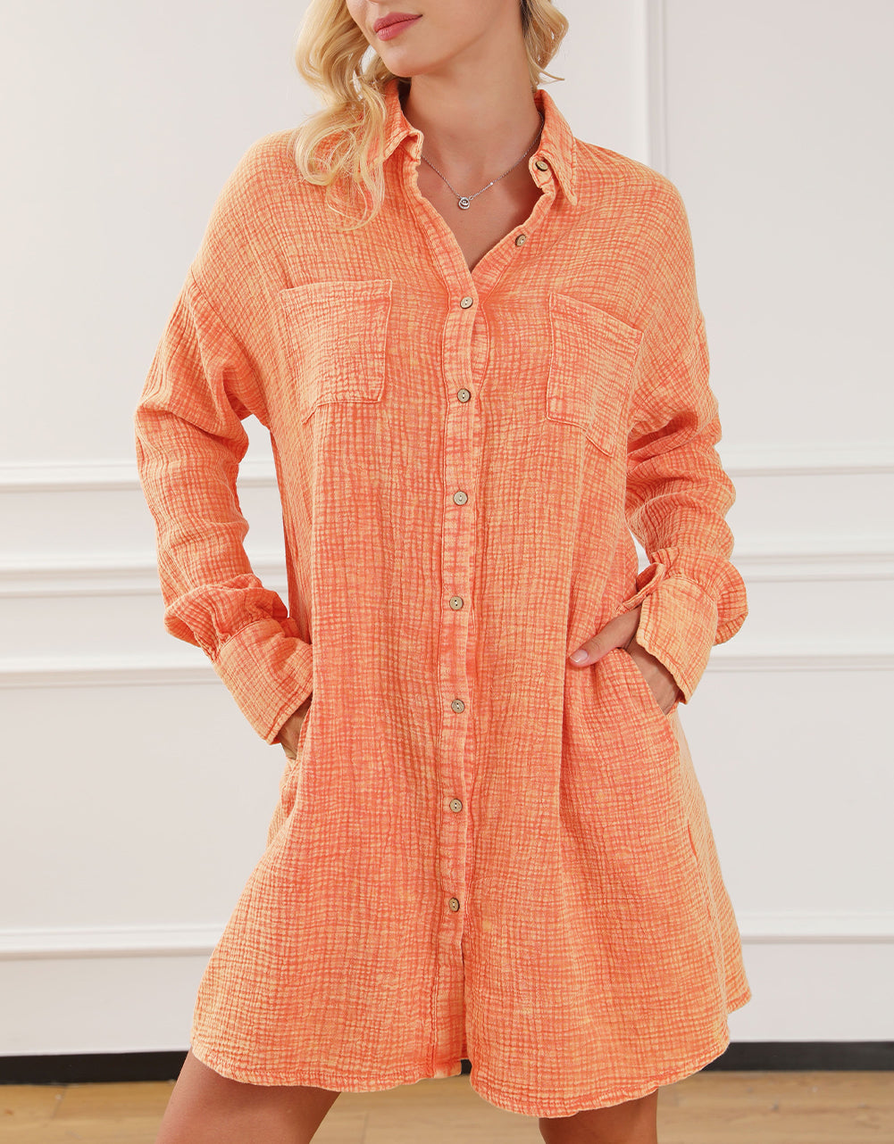 Crinkled Dual Chest Pocket Oversized Shirt Dress
