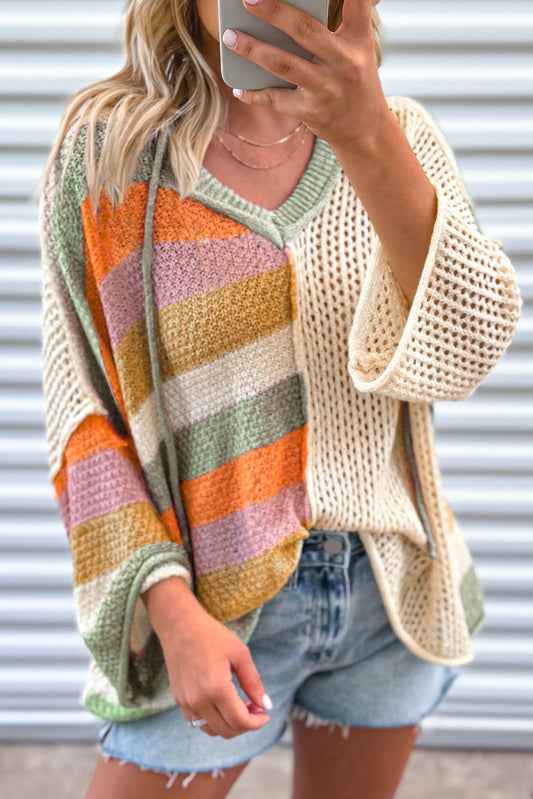 Oversized Colorblock V Neck Hooded Sweater