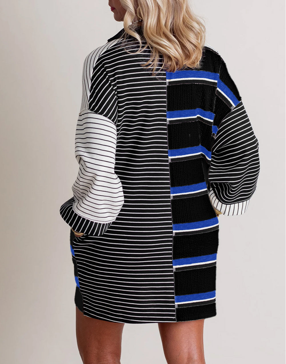 Stripe Colorblock Knit Henley Collar Shift Long Sleeve Mini Dress