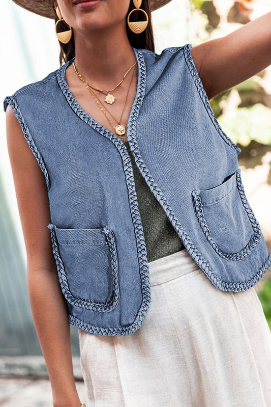 Braided Trim Pocketed Denim Vest
