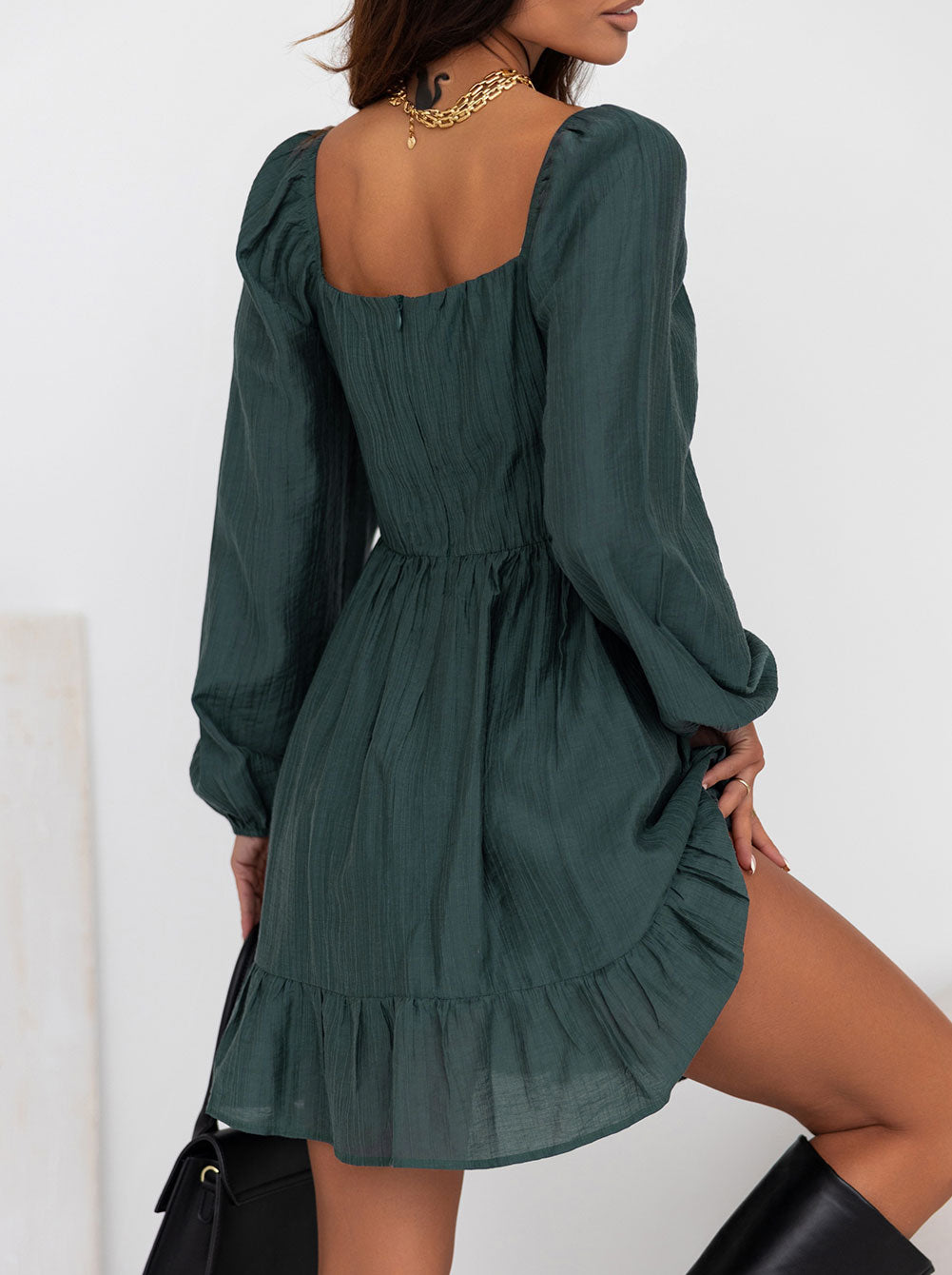 Ruched Square Neck Puff Sleeve Mini Dress