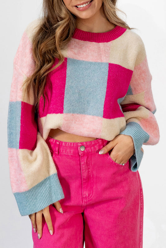 Color Block Drop Shoulder Crewneck Loose Fit Sweater