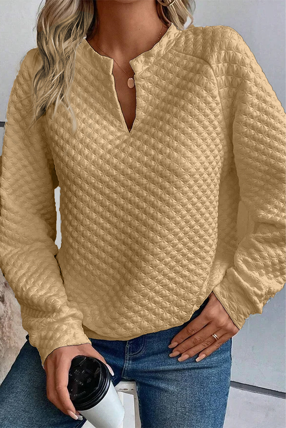 Split Neck Quilted Long Sleeve Top