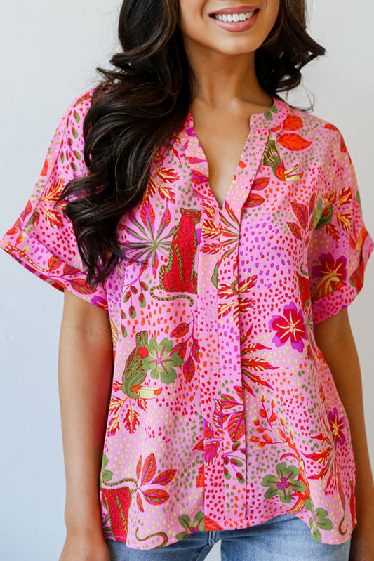 Jungle Floral Print Notch V Neck Blouse