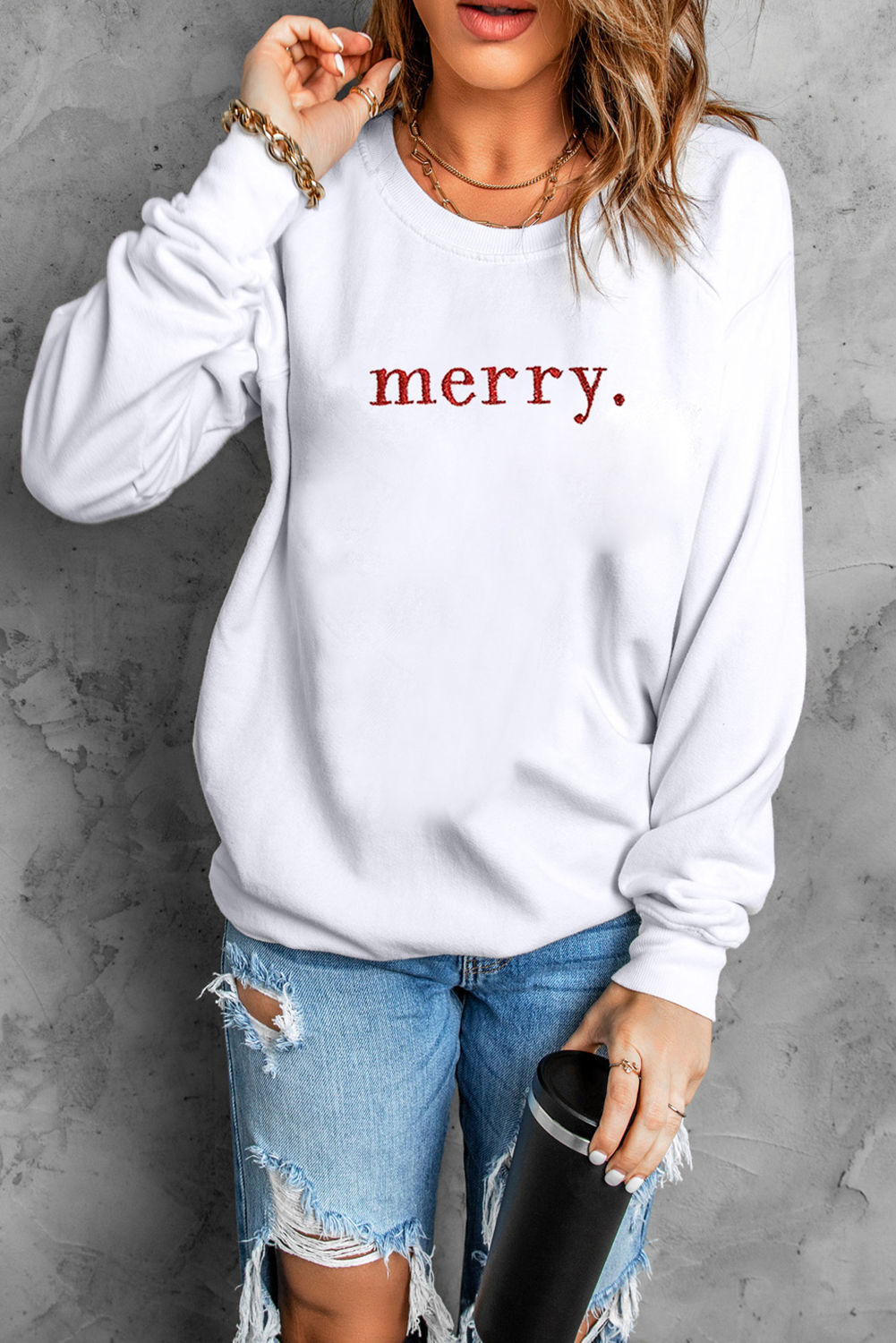 Merry Graphic Embroidered Crew Neck Sweatshirt