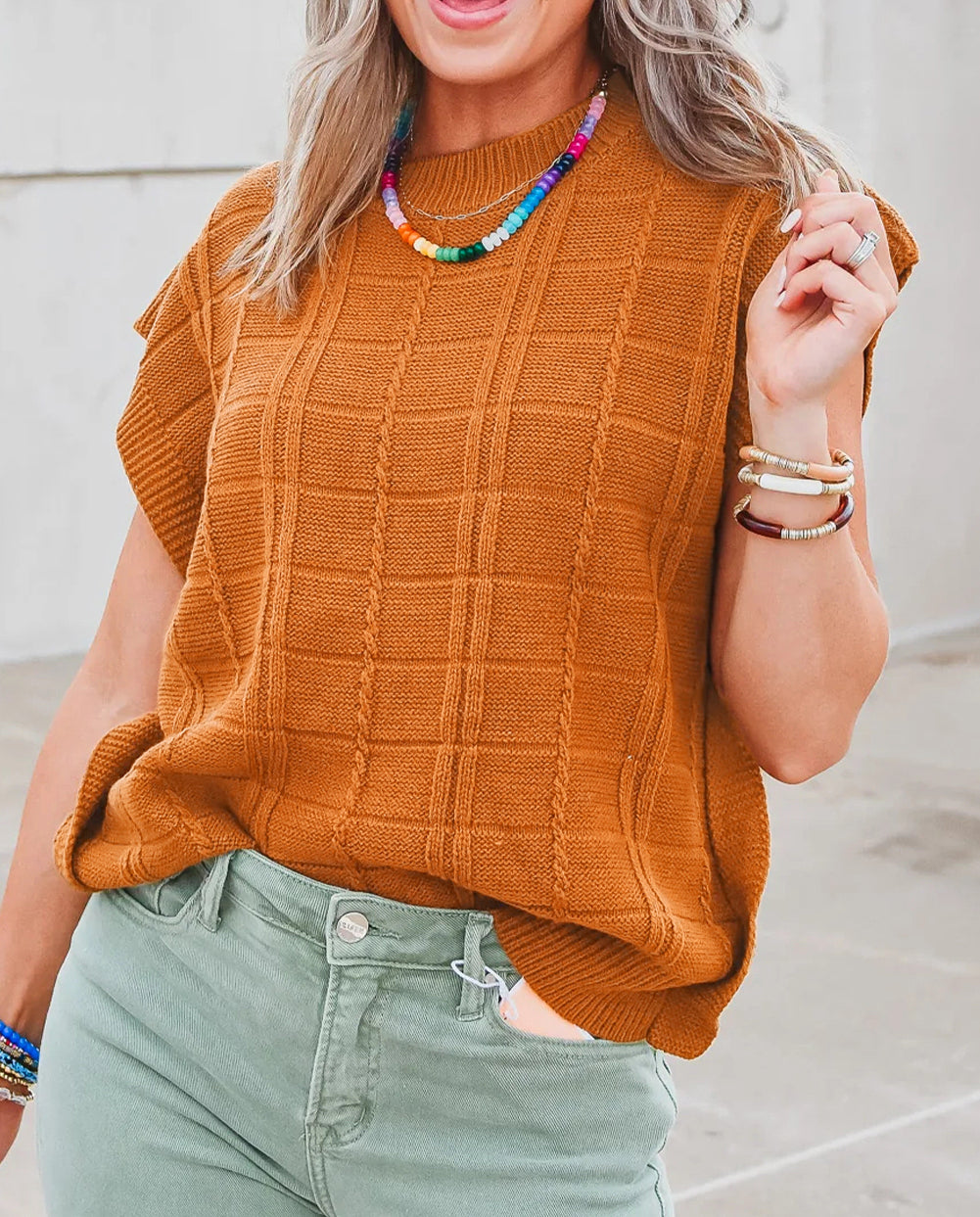 Chestnut Grid Textured Short Sleeve Sweater