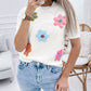 Cream Cute Flower Applique Short Sleeve Sweater
