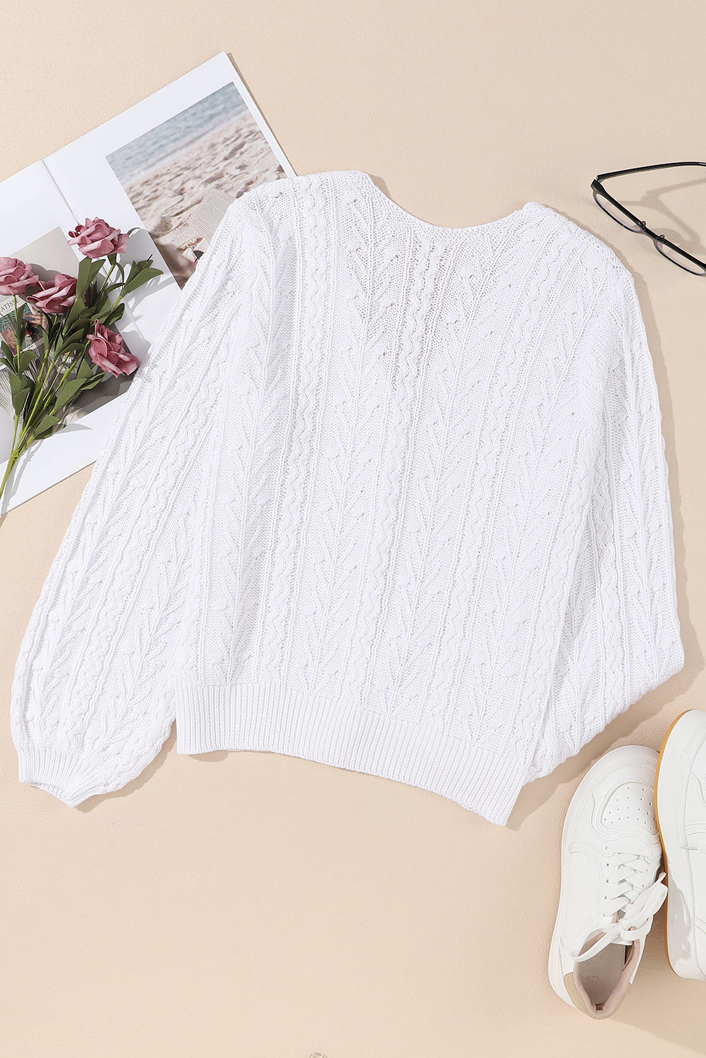 Solid Cable Knit V-Neck Puff Sleeve Cardigan