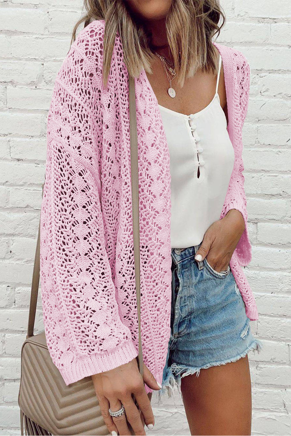 Hollow Out Knit Drop Shoulder Open Front Cardigan