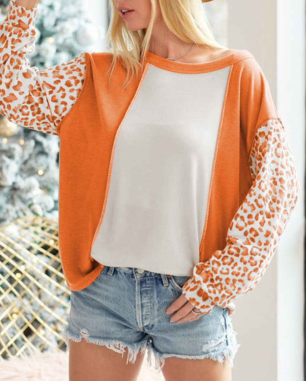 Colorblock Leopard Sleeve Patchwork Top
