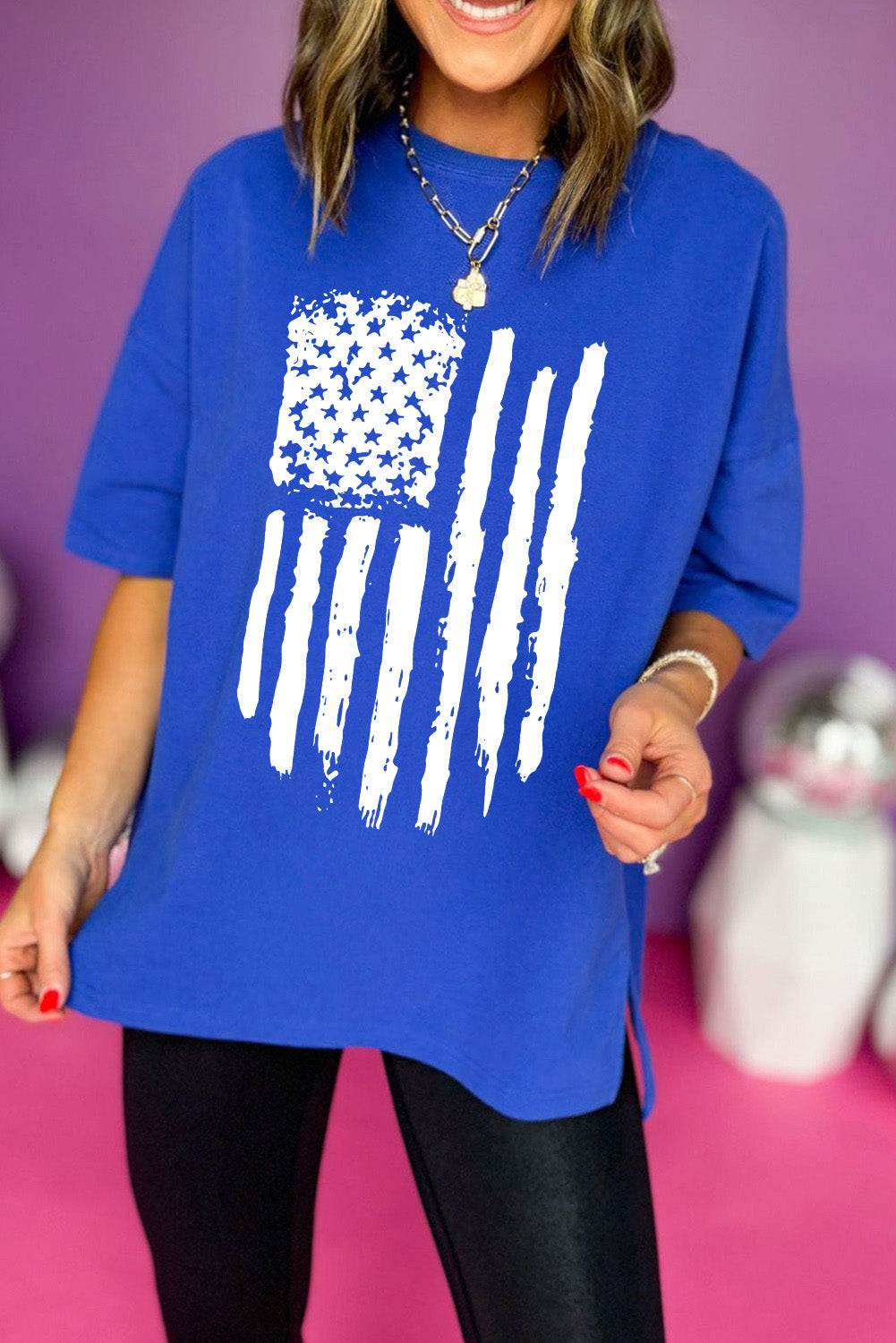 Distressed American Flag Graphic Split Baggy T Shirt