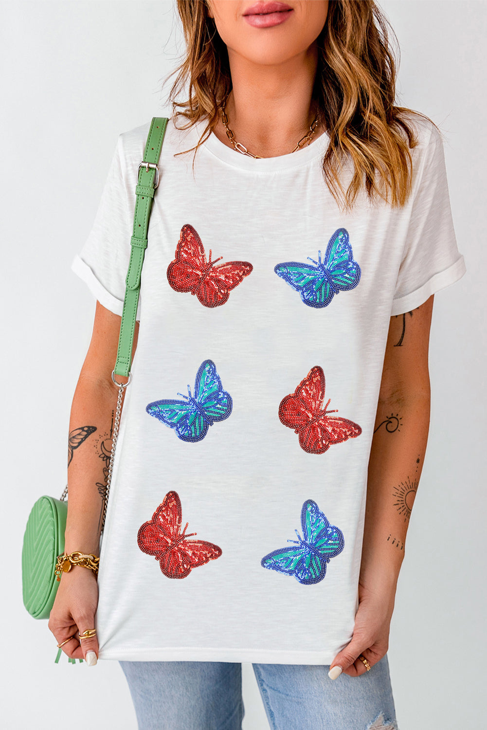Sequined Butterfly Graphic Casual T Shirt