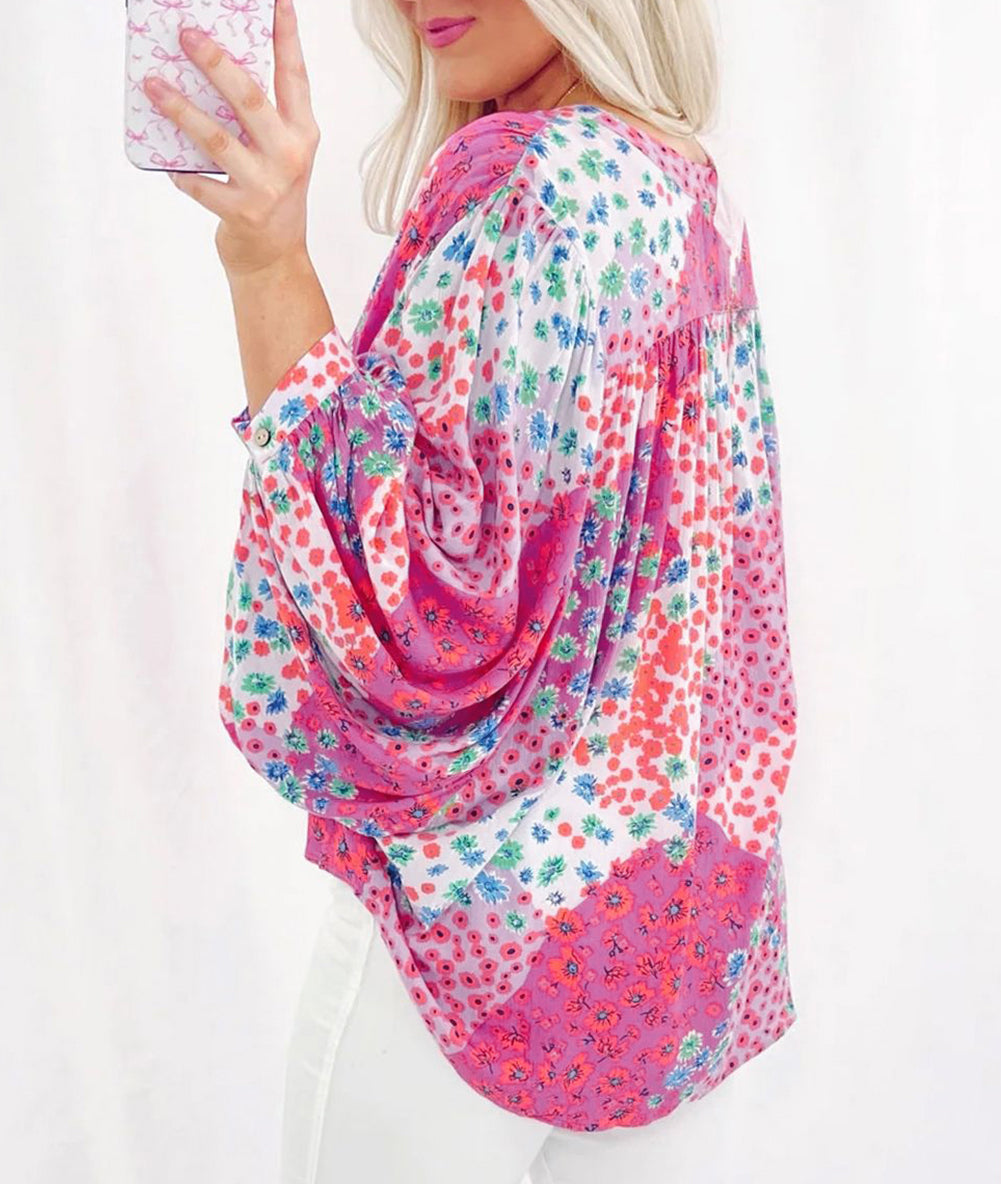 Floral Allover Print Buttoned V Neck Oversized Shirt