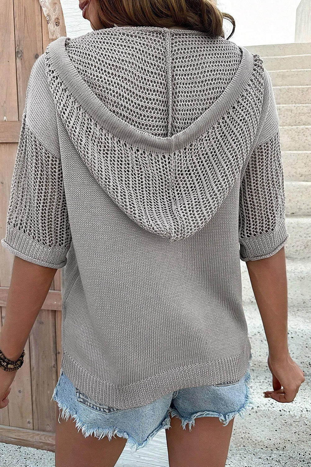 Openwork Drawstring Hooded Short Sleeve Sweater Top