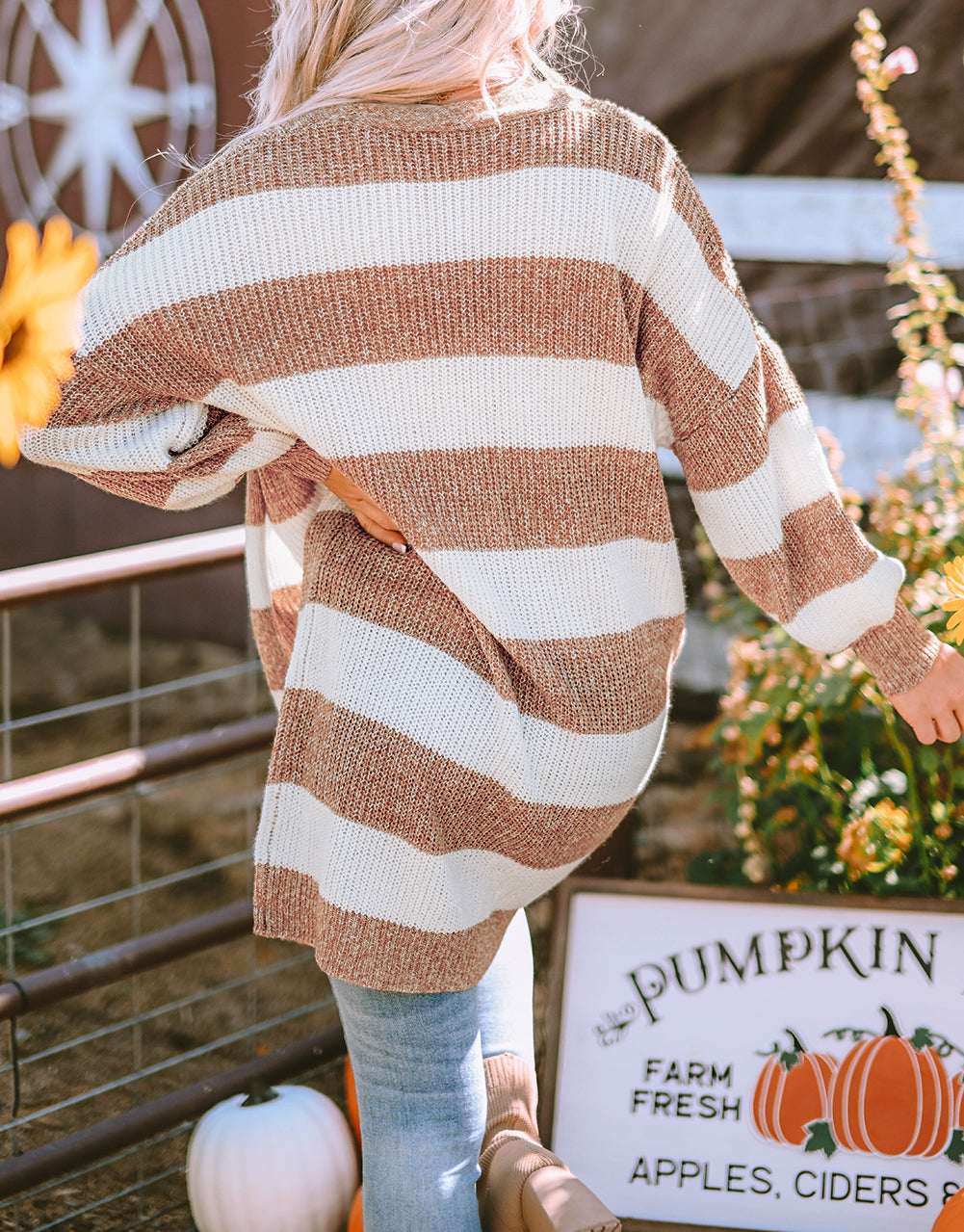 Striped Colorblock Rib Knit Bubble Sleeve Midi Cardigan