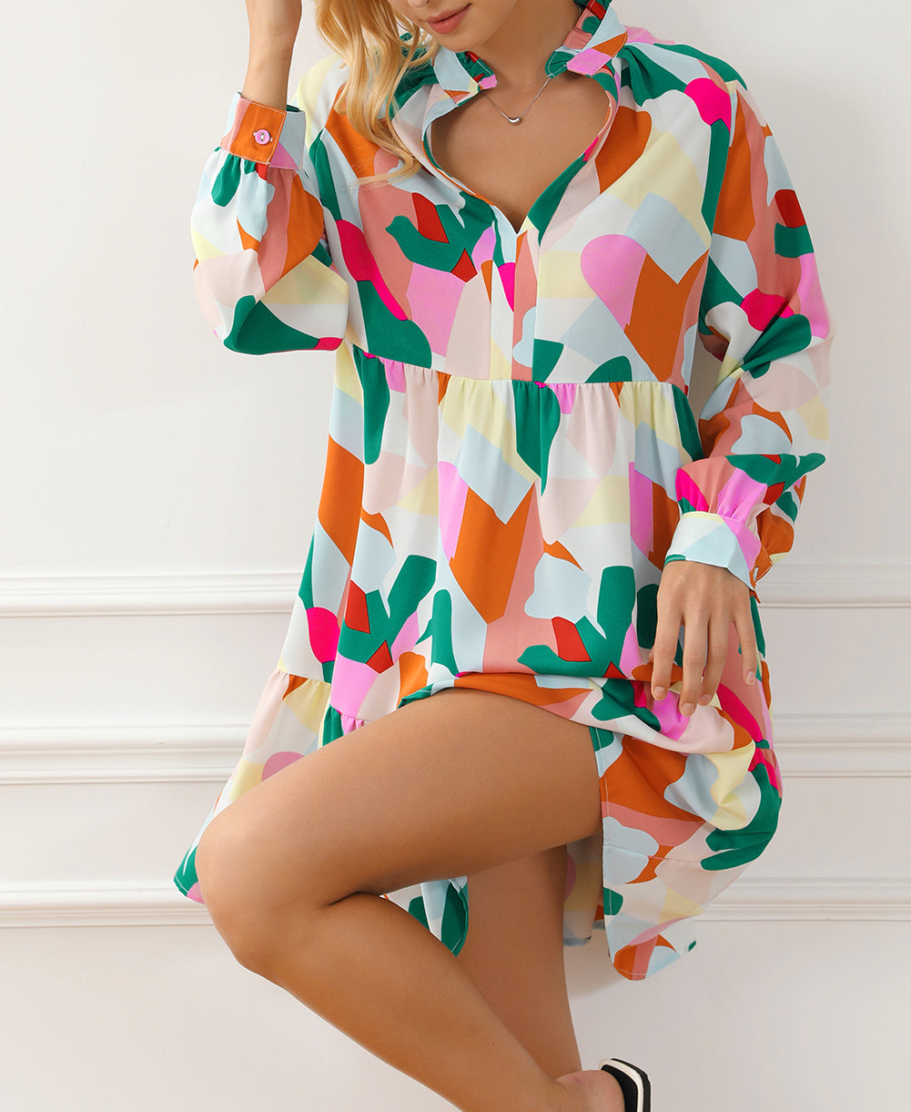 Geometric Print Stand Neck Balloon Sleeve Ruffled Dress