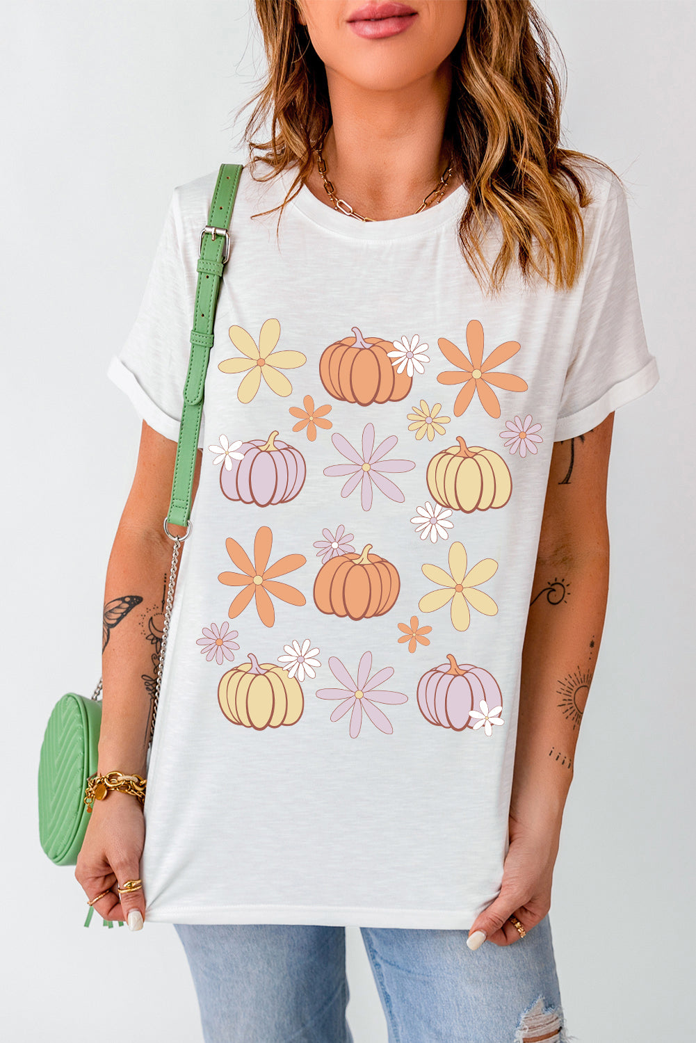 Floral Pumpkin Graphic Crewneck Halloween T Shirt