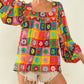 Floral Crochet Square Neck Puff Sleeve Blouse