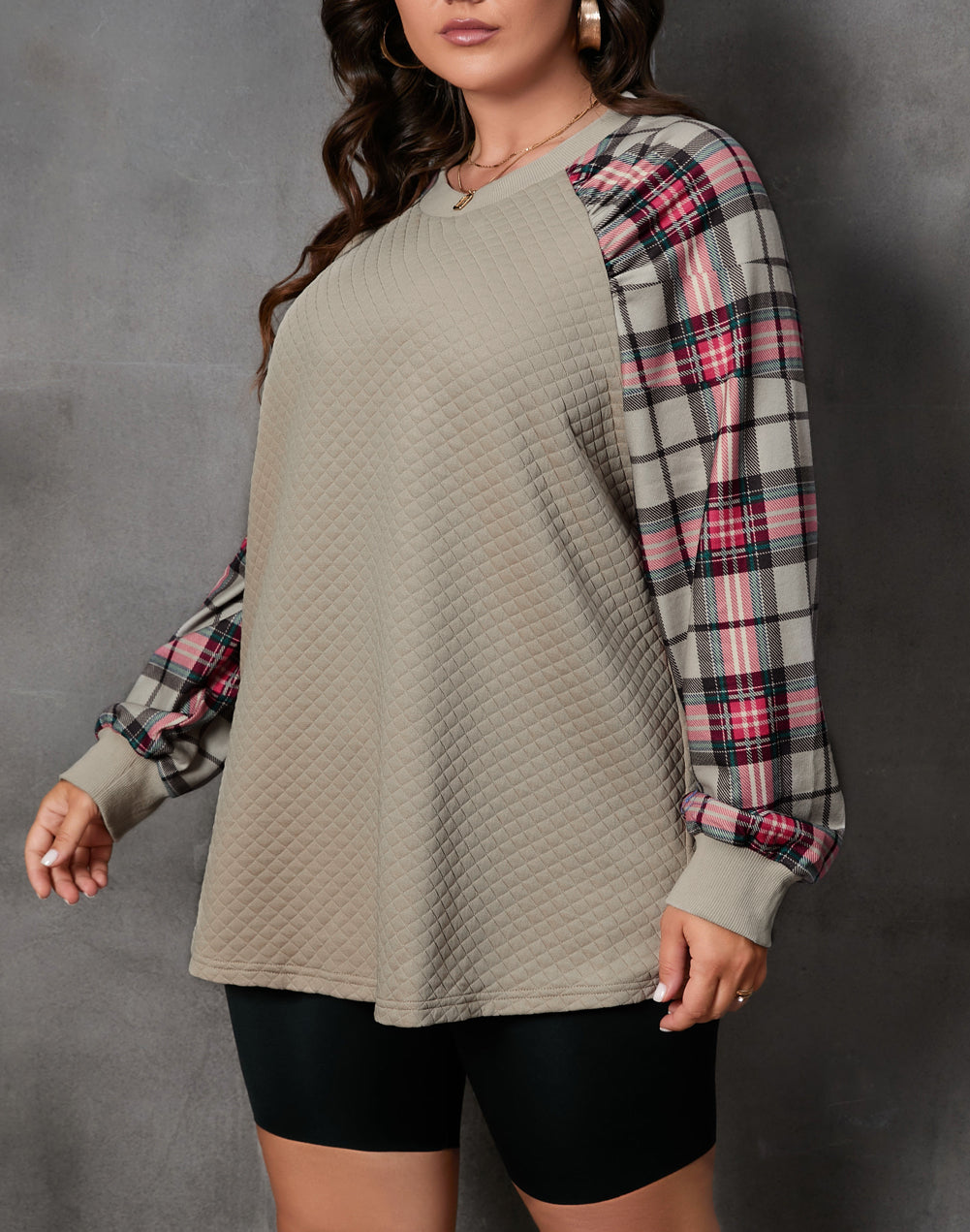 Plus Size Plaid Raglan Sleeve Crew Neck Sweatshirt