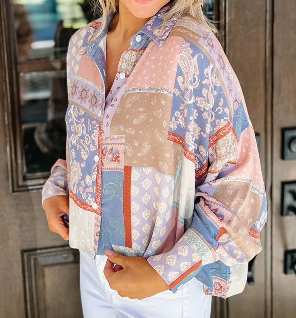Mixed Boho Print Puff Sleeve Loose Shirt