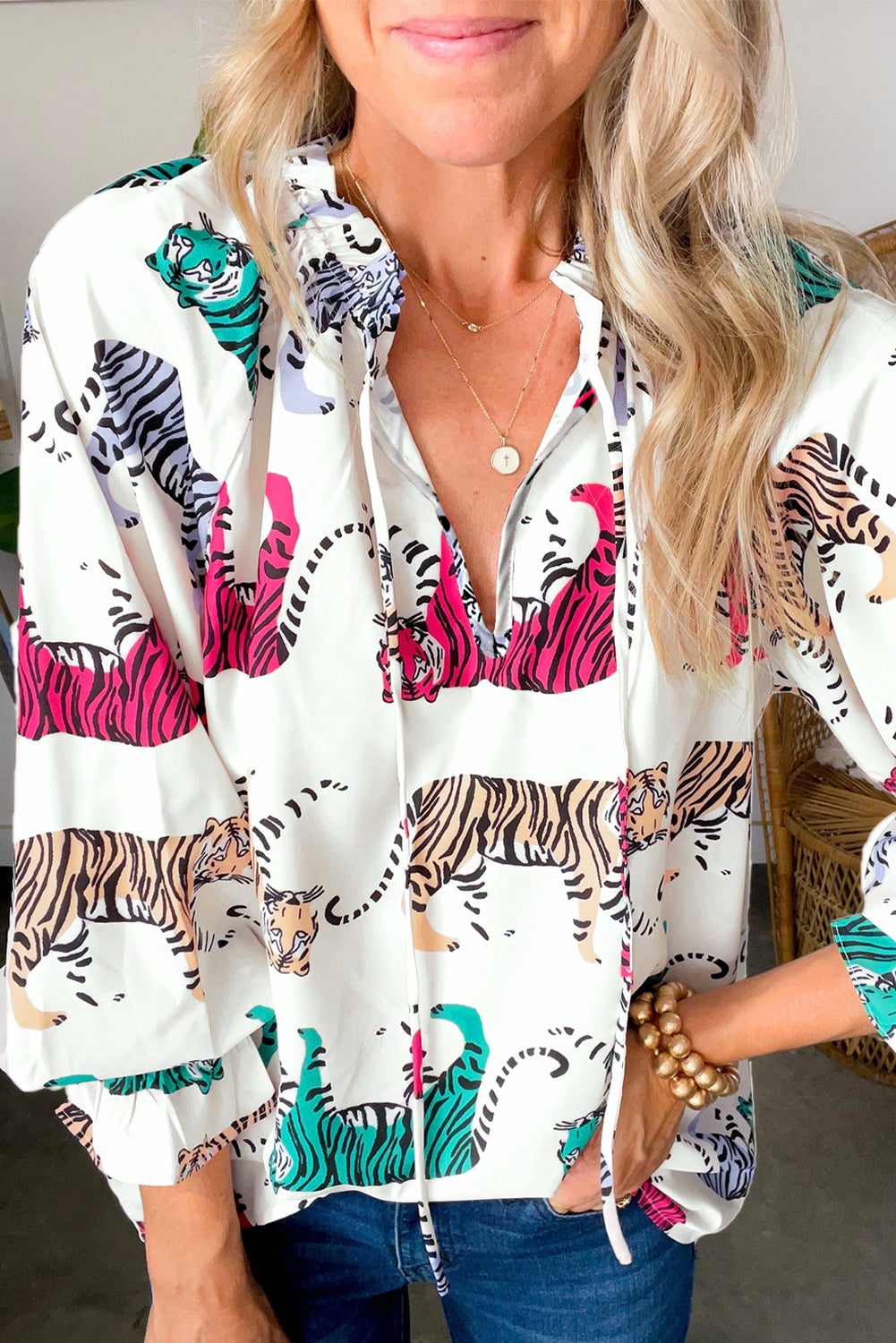 Colorful Tiger Print Ruffled Lantern Sleeve Blouse
