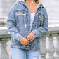Rhinestone Fringed Pocket Buttoned Hooded Denim Jacket