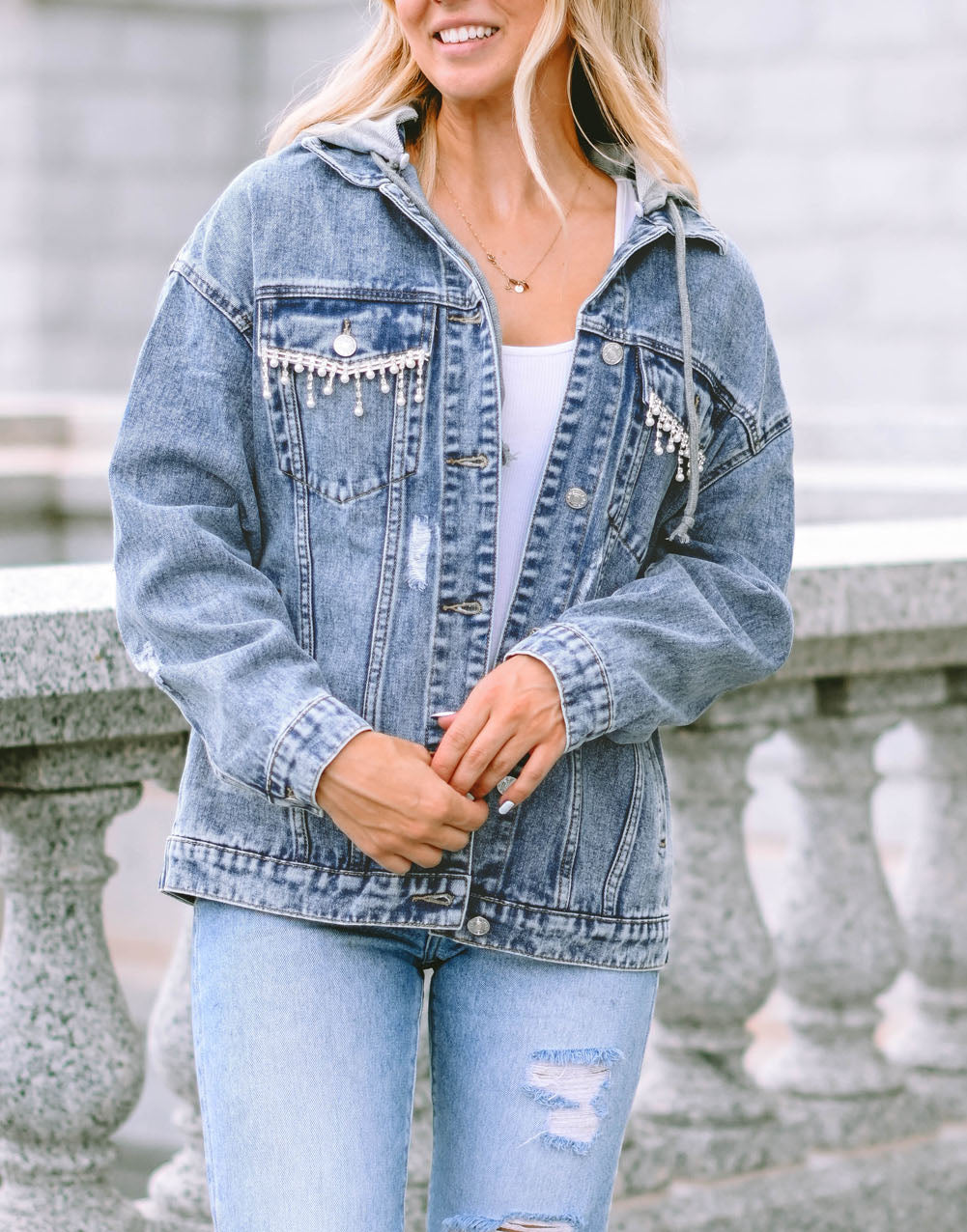 Rhinestone Fringed Pocket Buttoned Hooded Denim Jacket