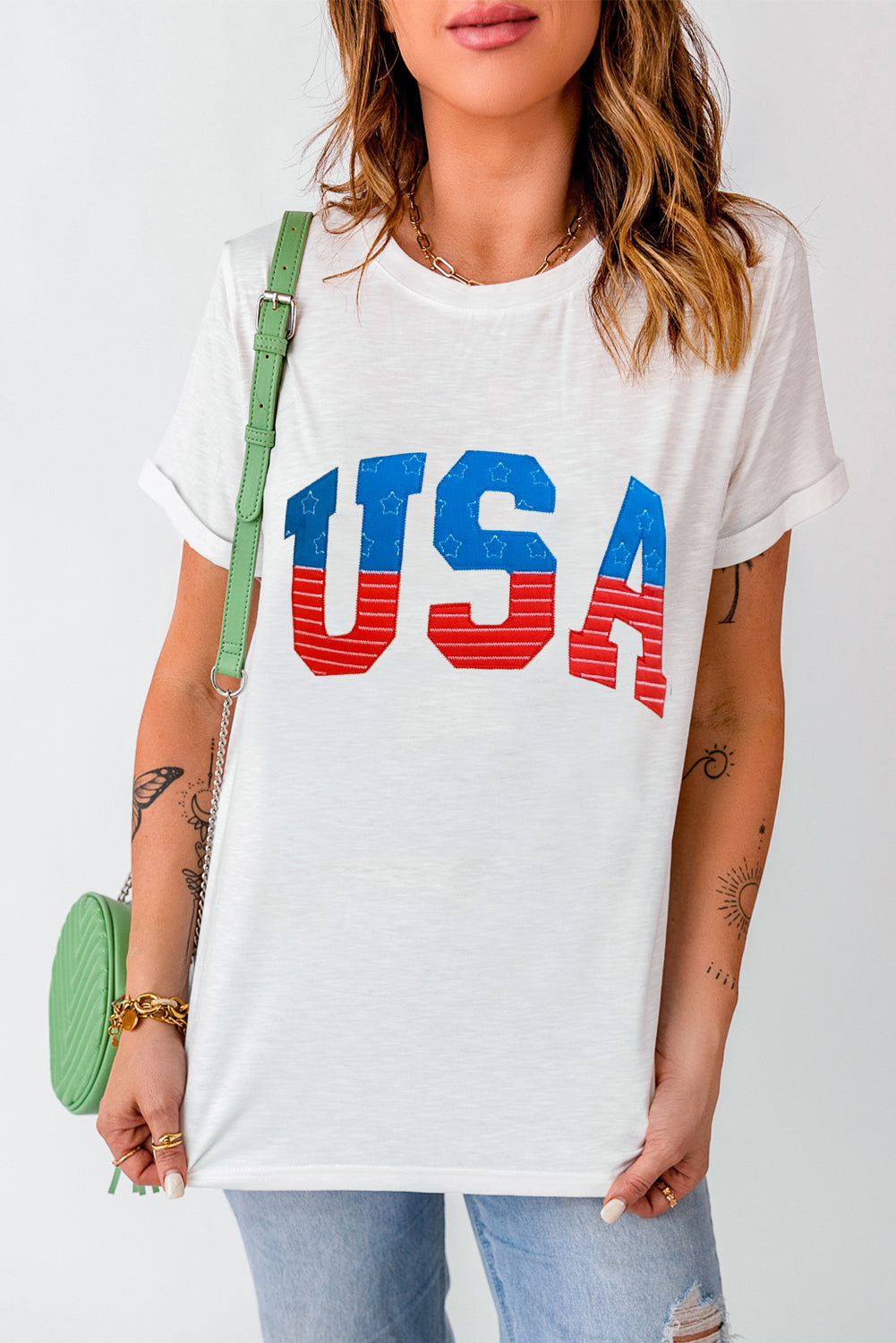 USA Star and Striped Embroidered Crewneck Graphic Tee