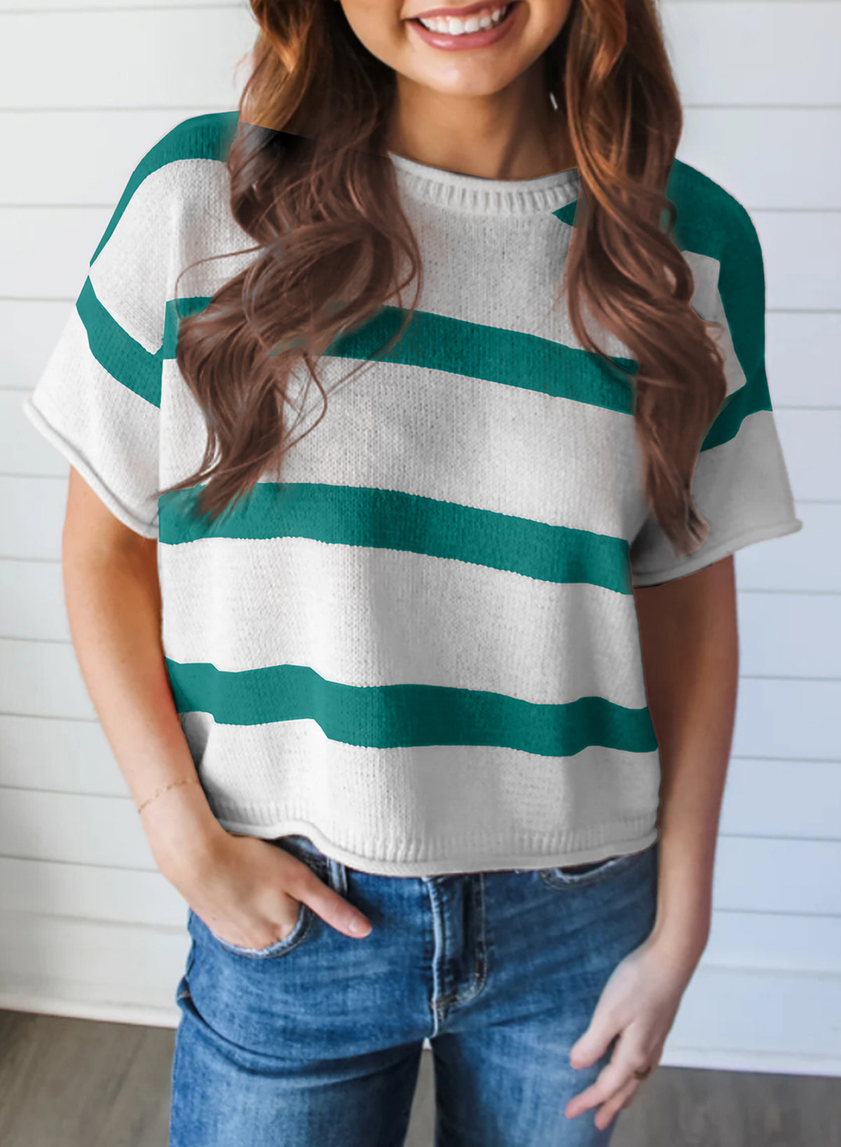 Stripe Dropped Short Sleeve Lightweight Knitted Top