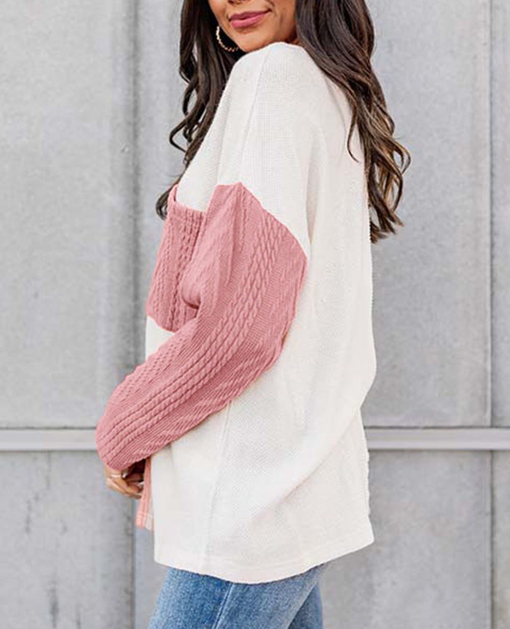 Long Sleeve Colorblock Chest Pocket Textured Knit Top